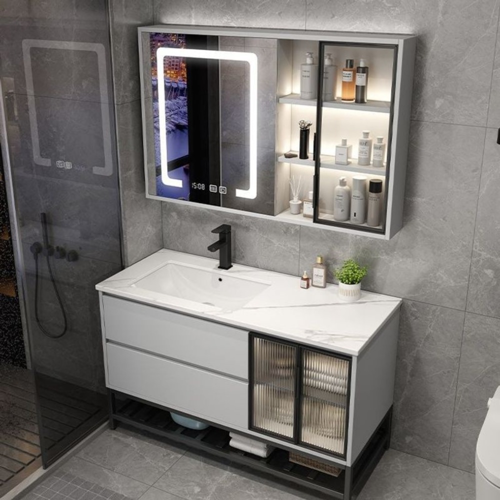 軽量高級石板製浴室キャビネットセット、無垢材洗面台キャビネッ - Bathroom Cabinet Mirror のレビューと価格