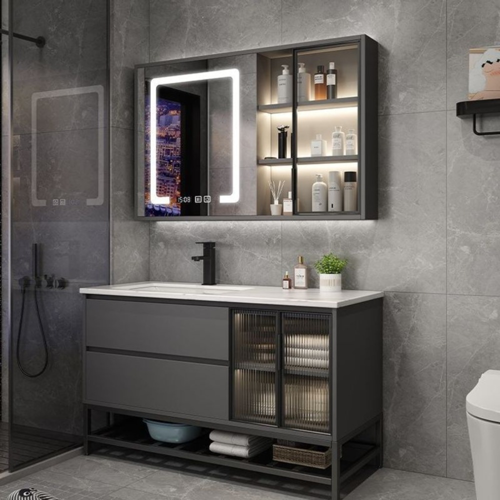 軽量高級石板製浴室キャビネットセット、無垢材洗面台キャビネッ - Bathroom Cabinet Mirror のレビューと価格