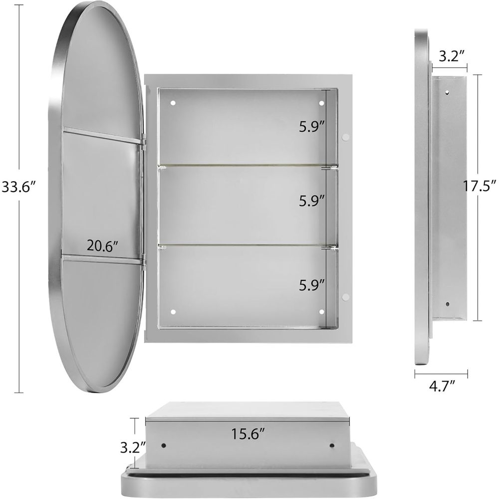 34x21 オーバル型埋め込み式浴室薬棚、面取りミラーとシル - Bathroom Cabinet Mirror のレビューと価格