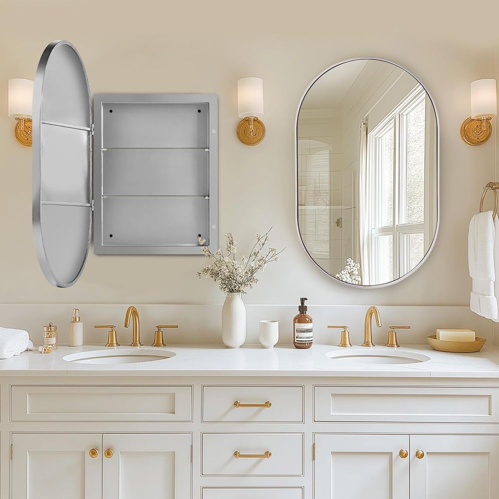 34x21 オーバル型埋め込み式浴室薬棚、面取りミラーとシル - Bathroom Cabinet Mirror のレビューと価格