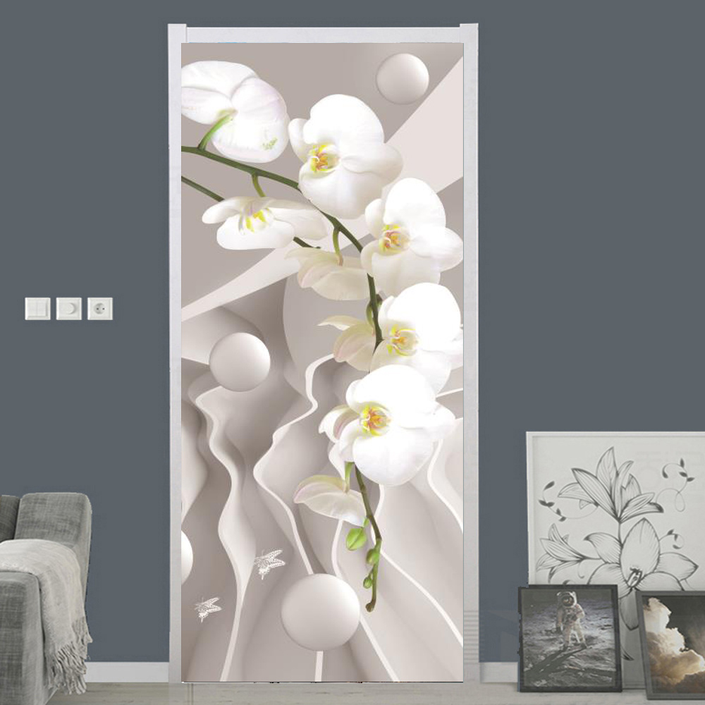 白バラの花の壁紙ドア自己粘着ホームデザインドアカバー寝室の浴 - Home Bathroom Door Design のレビューと価格