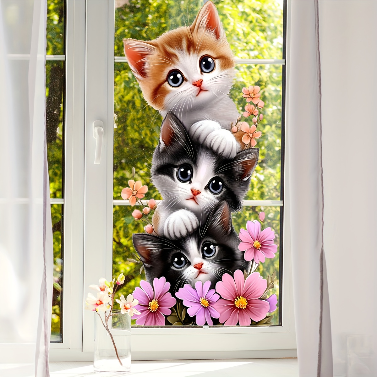 1枚入りのかわいい子猫のジェンガ蝶の花柄ウィンドウ＆ウォール - Home One Bathroom のレビューと価格