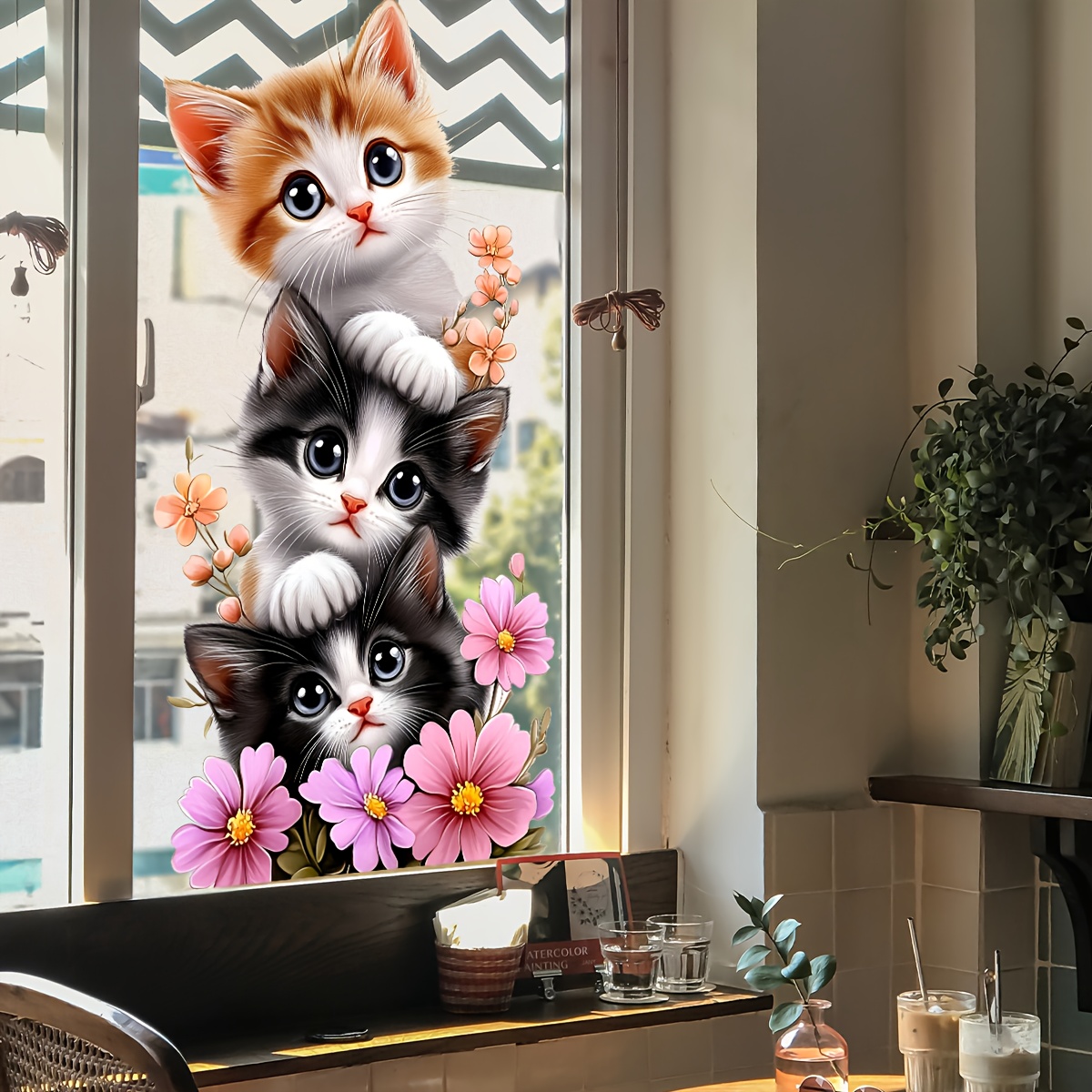 1枚入りのかわいい子猫のジェンガ蝶の花柄ウィンドウ＆ウォール - Home One Bathroom のレビューと価格